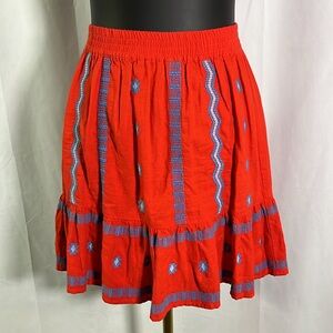 LOFT Red & Blue Embroidered Southwestern Print Ruffle Hem Linen Mini Skirt